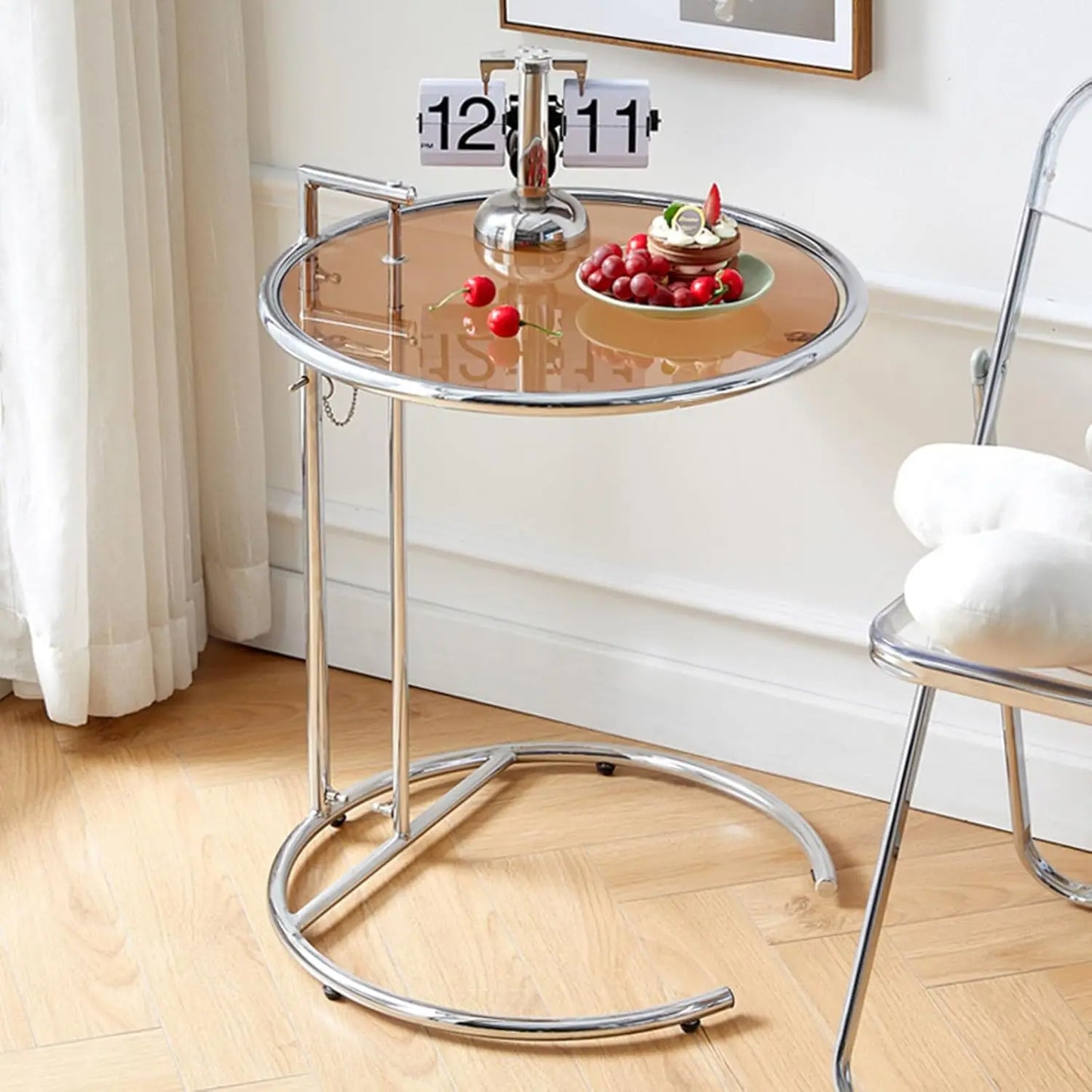 Glass End Table, Round Side Table with Handle, Height Adjustable C Shaped Sofa Table with Tempered Glass Top, Small Coffee Table