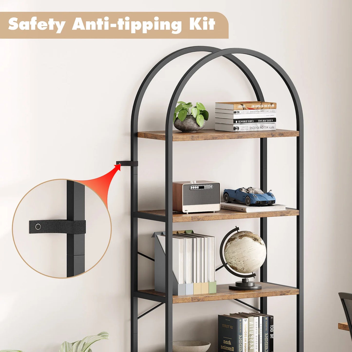 5-Tier Arched Bookshelf, 180cm Tall Industrial Open Bookcase, Freestanding Display Rack Metal Wooden Storage Shelving Units