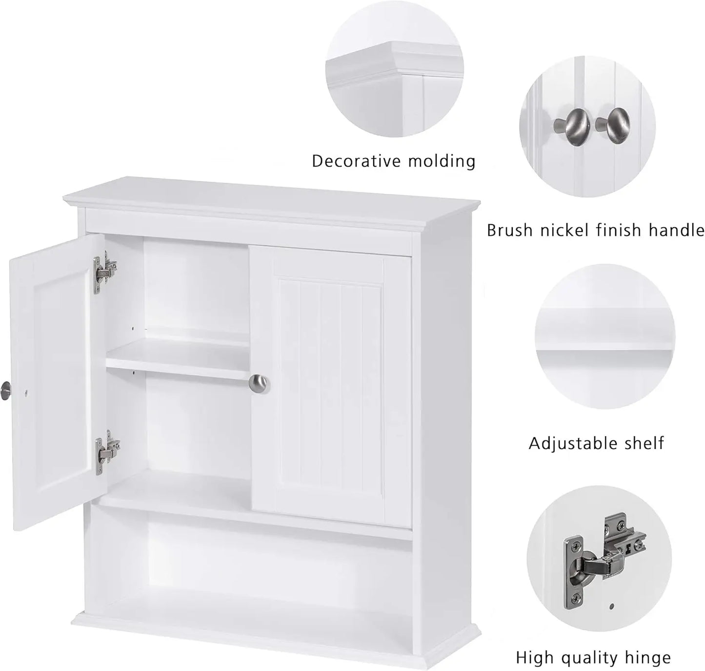 Bathroom Cabinet Wall Mounted with Doors, White Wood Shelves