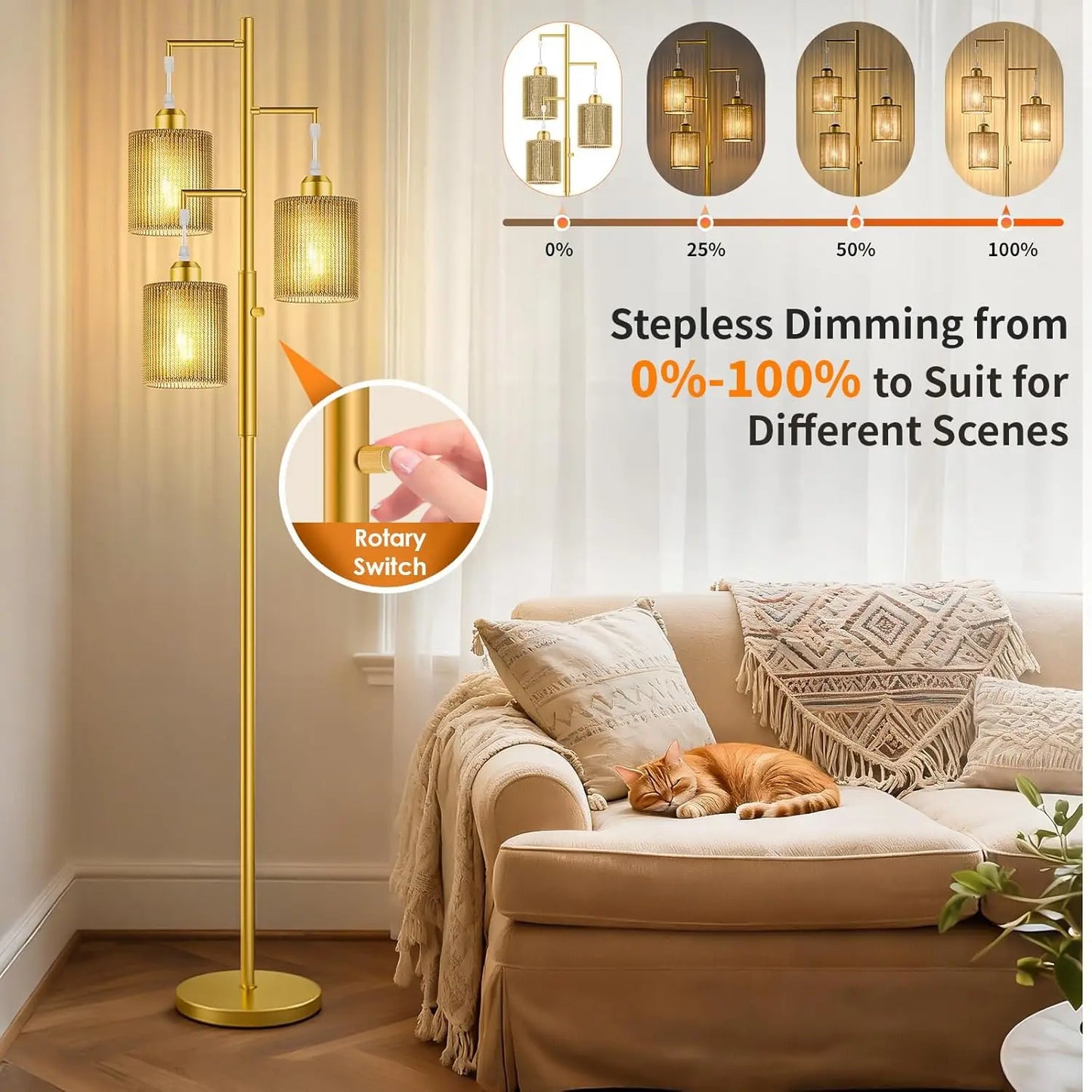 72' Boho Floor Lamp, Dimmable Rattan Shade, Gold Industrial Standing Lamp for Living Room, Bedroom, Office – 3x800LM LED Include